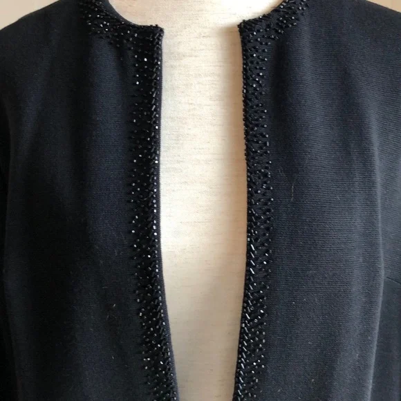 SPARKLE! Vintage Wool Open Cardigan Black Sweater with Rhinestone Trim  Sz L - Picture 2 of 8